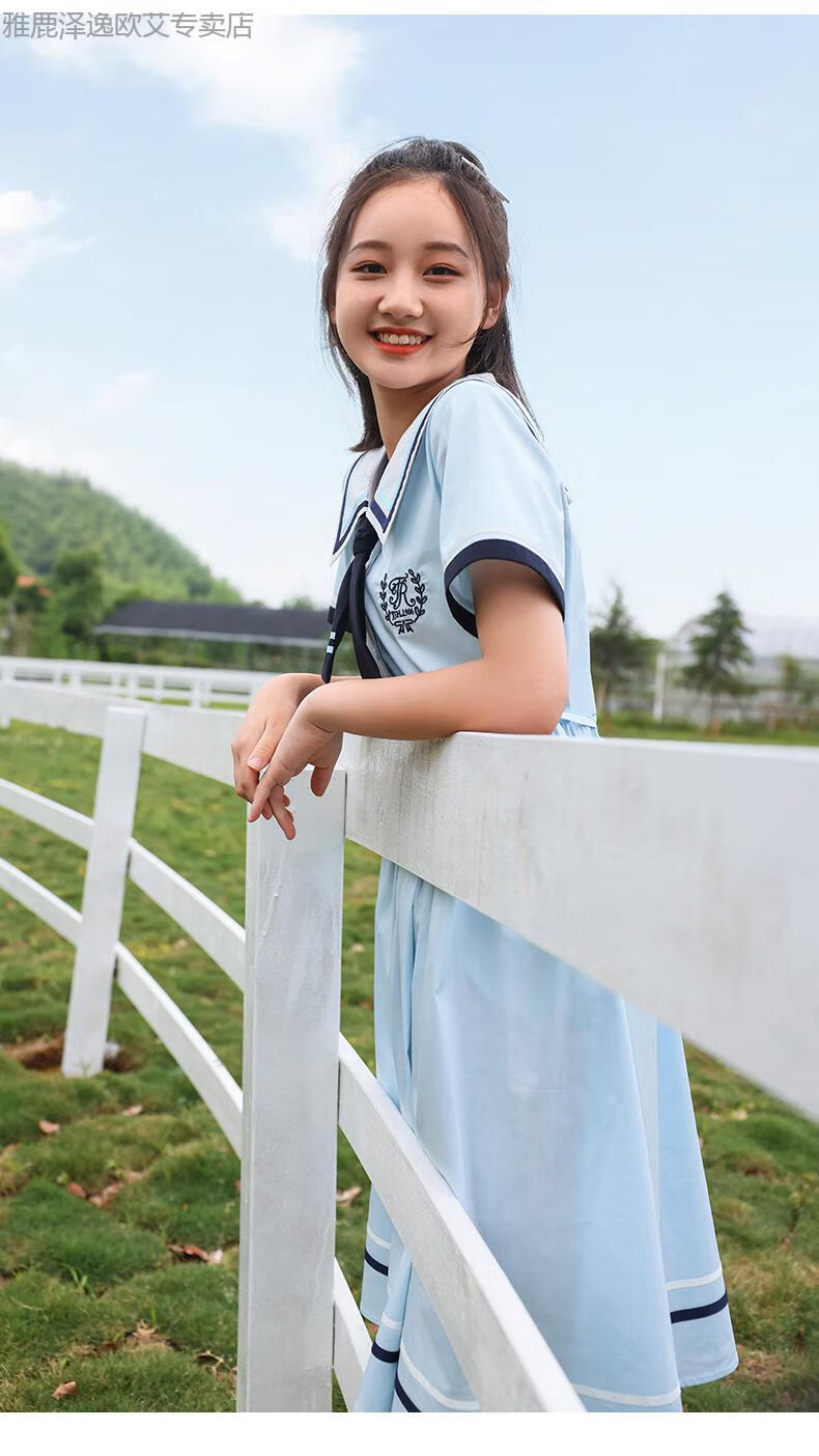 雅鹿高档初中生连衣裙夏季甜美时尚116女孩长裙少女中学生jk海军风