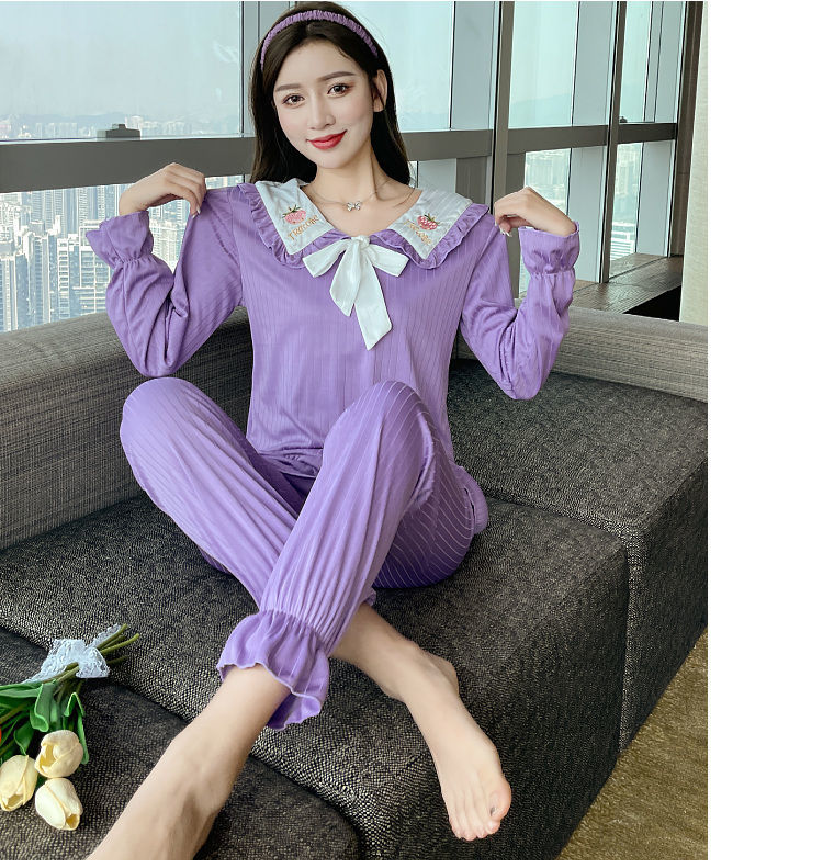 春秋睡衣女秋装可外穿学生韩版可爱长袖薄款家居服v领浅紫色m80100斤