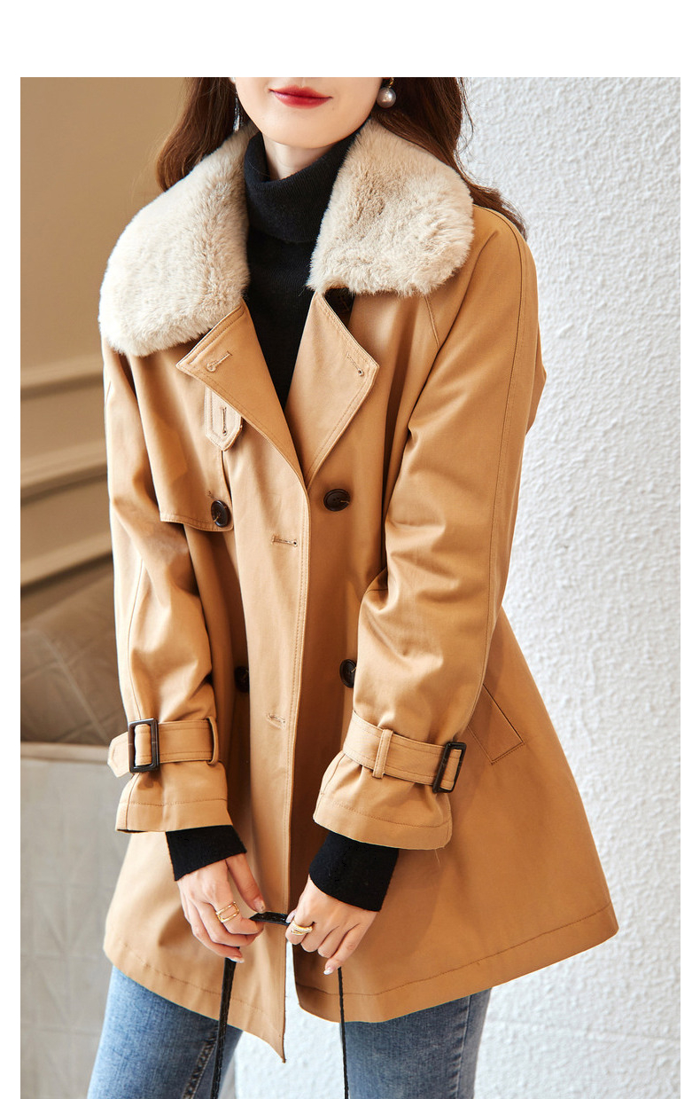 德玛纳加厚加绒外套女年新款气质风衣毛领中长款上衣冬遮屁股卡其色s