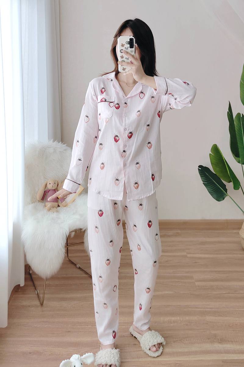 Φ皮尔卡丹pierrecardin旗舰女式春夏秋纱布长袖棉纱睡衣开衫家居服