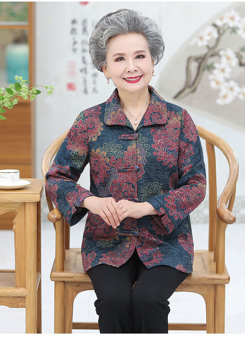 老年人春秋上衣老太太长袖衬衫7080妈妈装奶奶套装老人衣服单件红色