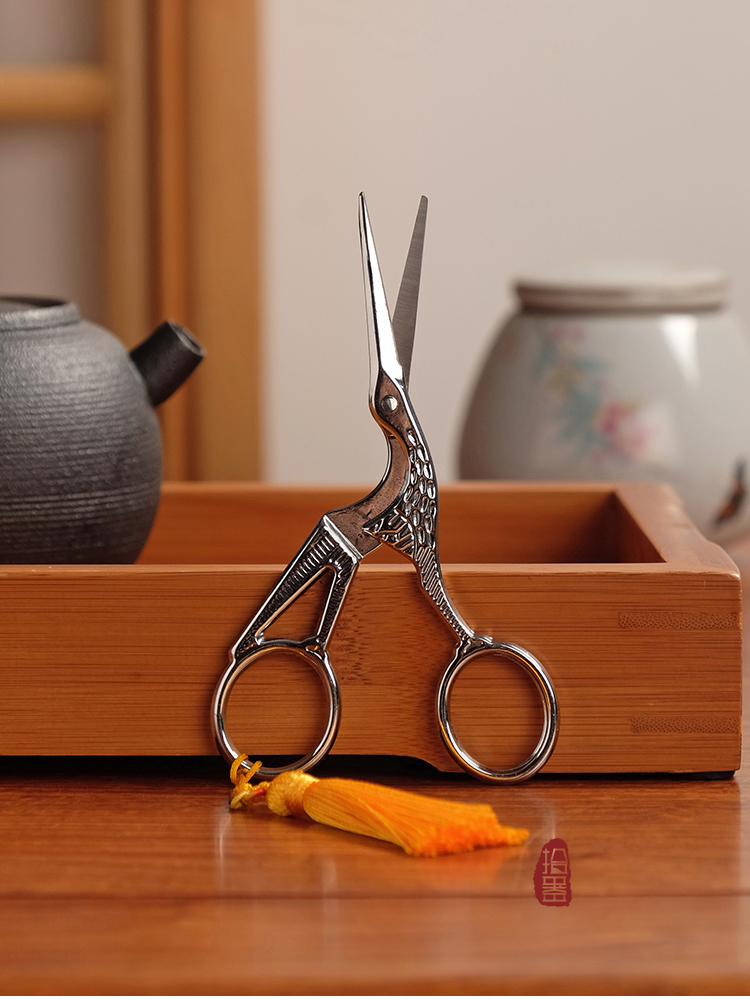茶道配件手工剪纸刀 不锈钢茶叶袋包线头剪子 大号镀钛剪刀【玫瑰仙鹤