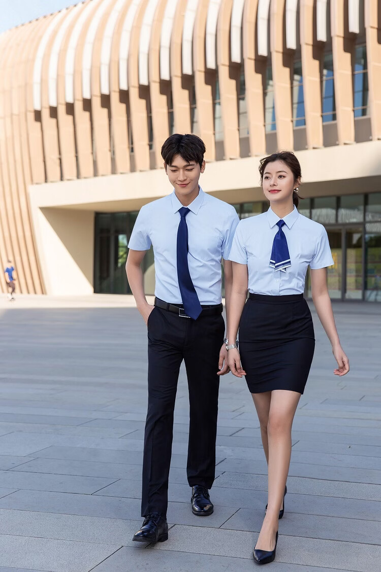 中行工作服国银行女蓝色衬衫行服长短袖工装男免烫衬衣建行 黑裙女 s