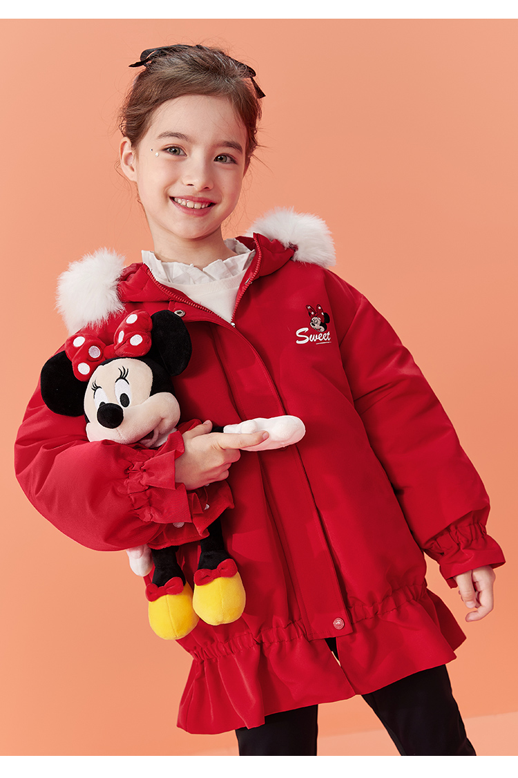 迪士尼童装女童羽绒服儿童秋冬装宝宝花边下摆毛领加厚保暖洋气 大红