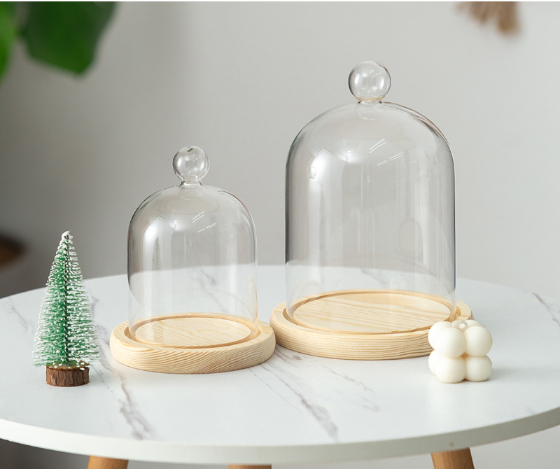 干花玻璃罩花房粘土古玩工艺品盲盒防尘罩香薰蜡烛罩911圆顶原木底座
