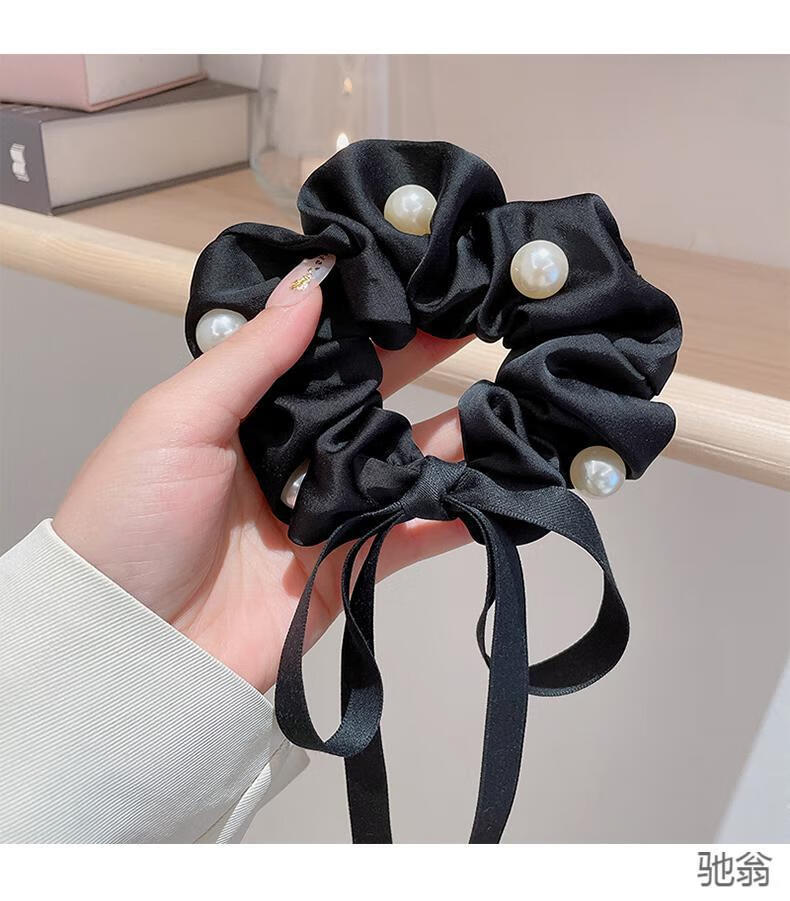 驰翁韩国2022年丝带扎头绳蝴蝶结头饰女简约气质大肠发圈夏季发绳黑色