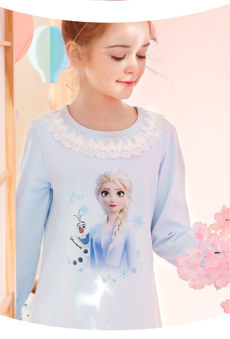 迪士尼女童睡衣纯棉春秋睡裙女孩公主儿童冰雪艾莎蕾丝宝宝家居服