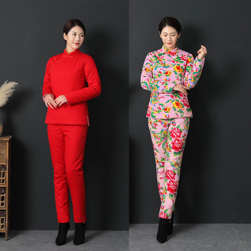 花棉袄东北东北大花斜襟成人手工棉衣棉裤套装加厚棉花盘扣民族风中式