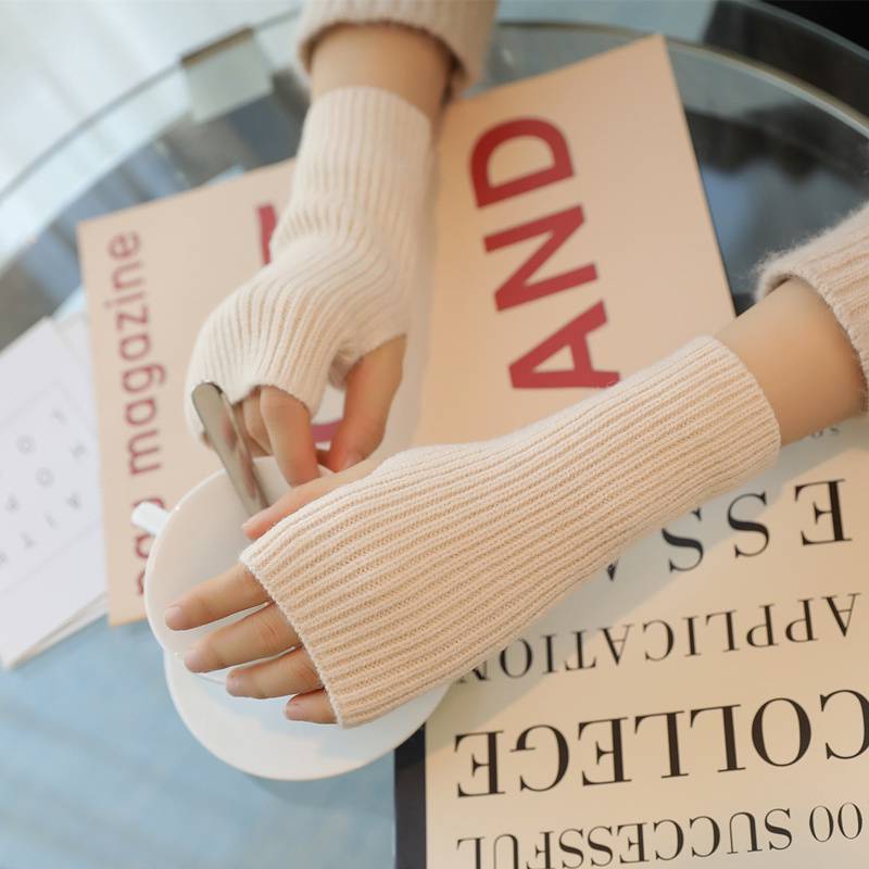 半指毛线手套女加厚露指触屏针织手套学生写字袖套护腕秋冬季写作业