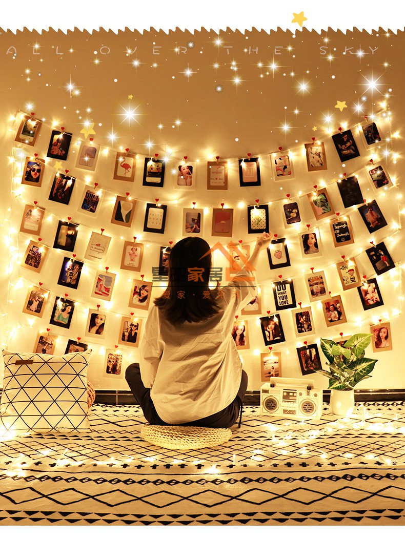 网红ins照片墙装饰麻绳夹子相框挂墙组合免打孔创意墙面房间布置星星