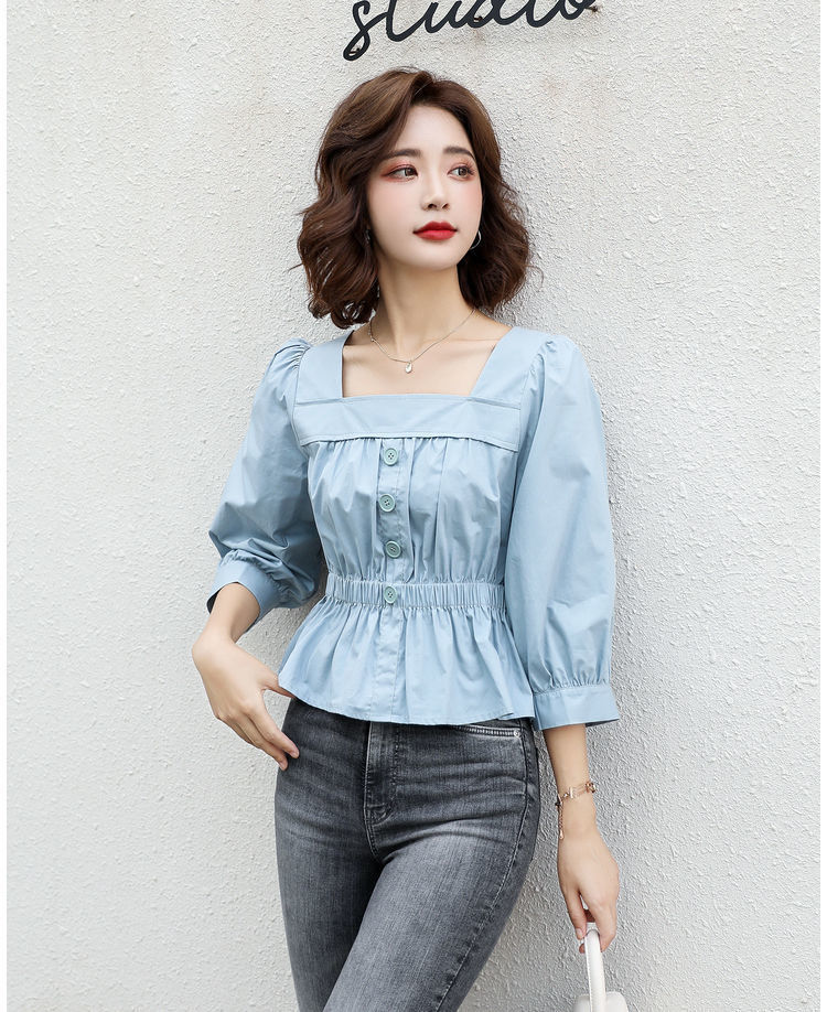 女装新款收腰衬衫女夏季秋款超仙一字肩小衫上衣女短款网红设计感小众