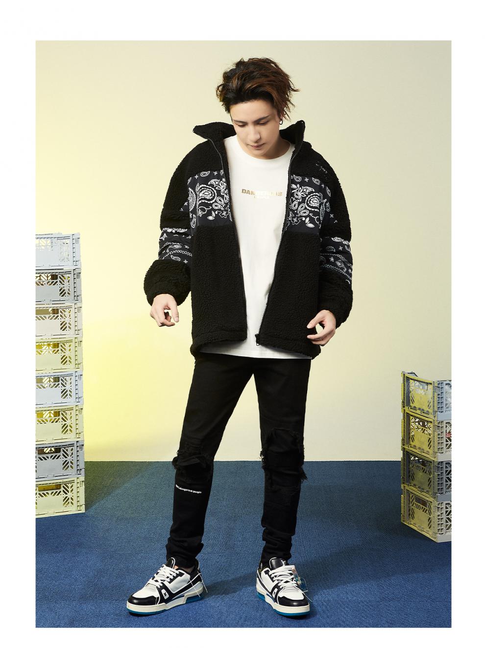 dangerouspeople薛之谦dsp腰果花黑白拼接潮流羊羔绒夹克外套黑色l