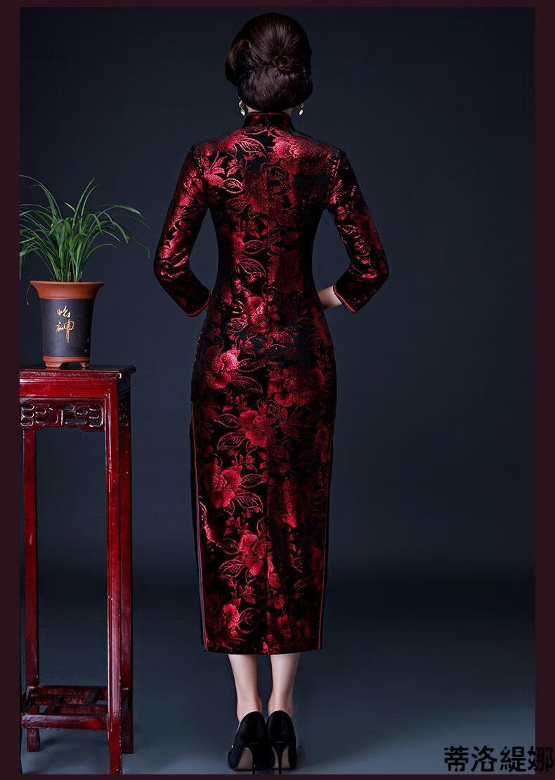 春秋金丝绒旗袍裙金丝绒旗袍高档旗袍金丝绒中老年大码妈妈冬装旗袍墨