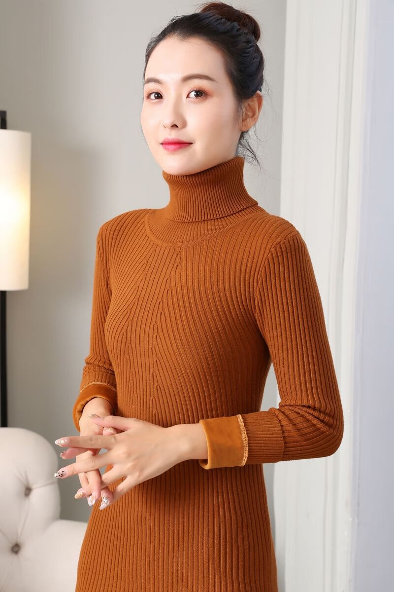 冬季女士保暖衣简约打底衫全身加绒加厚打底衫女中长款大码女装高领