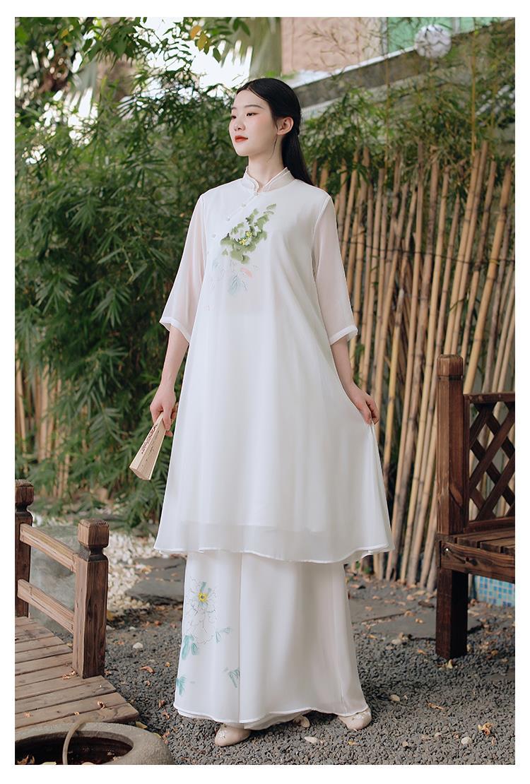 茶艺师穿的服装女艺师中国风秋唐装艺茶服禅意旗袍式倒大袖偏襟中长