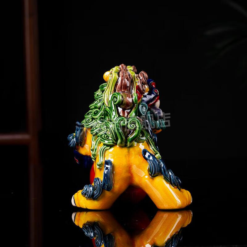陶瓷七彩麒麟摆件客厅陶瓷艺术品摆件纯手工交趾陶彩陶七彩貔貅对狮子