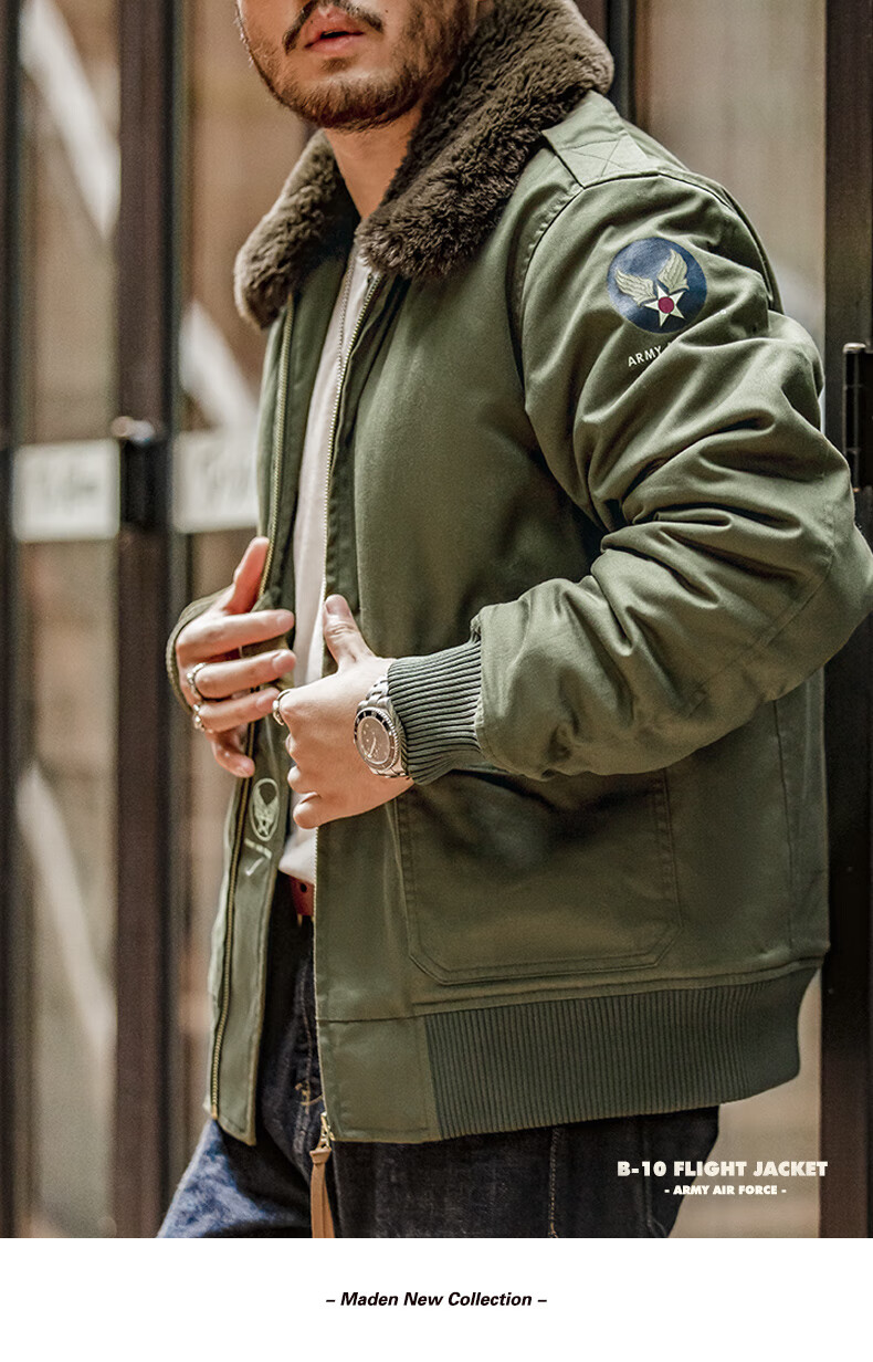 马登工装 美式复古毛领b10飞行员夹克加厚保暖棉衣外套男冬季 军绿 xl