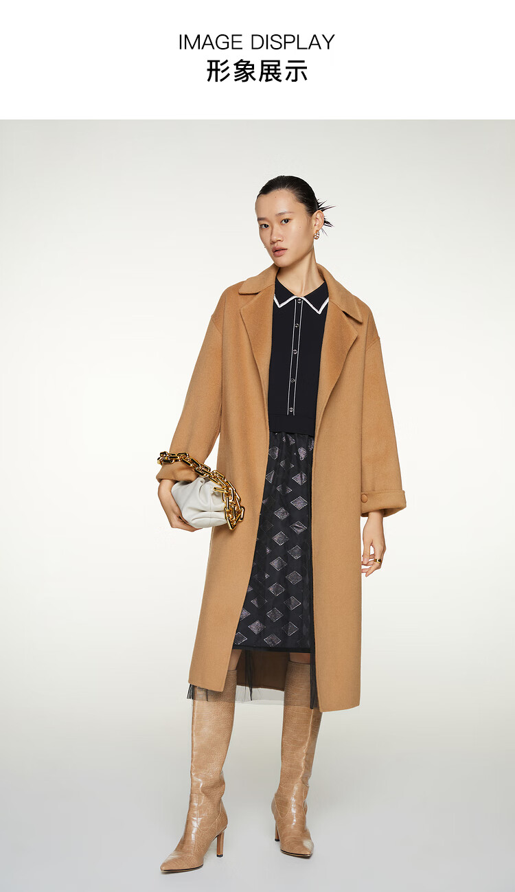 恩裳2021冬季新款时尚都市纯色绵羊毛西装领腰带毛呢外套大衣 粉红 36