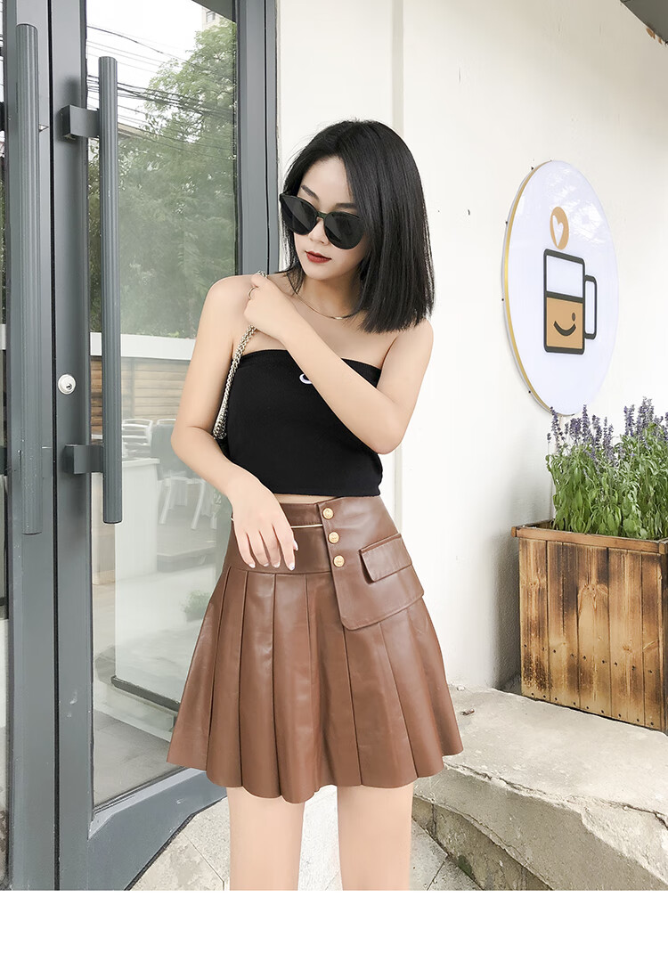真皮短裙半身裙女2021秋冬新款绵羊皮a字小皮裙皮百褶裙显瘦红色s
