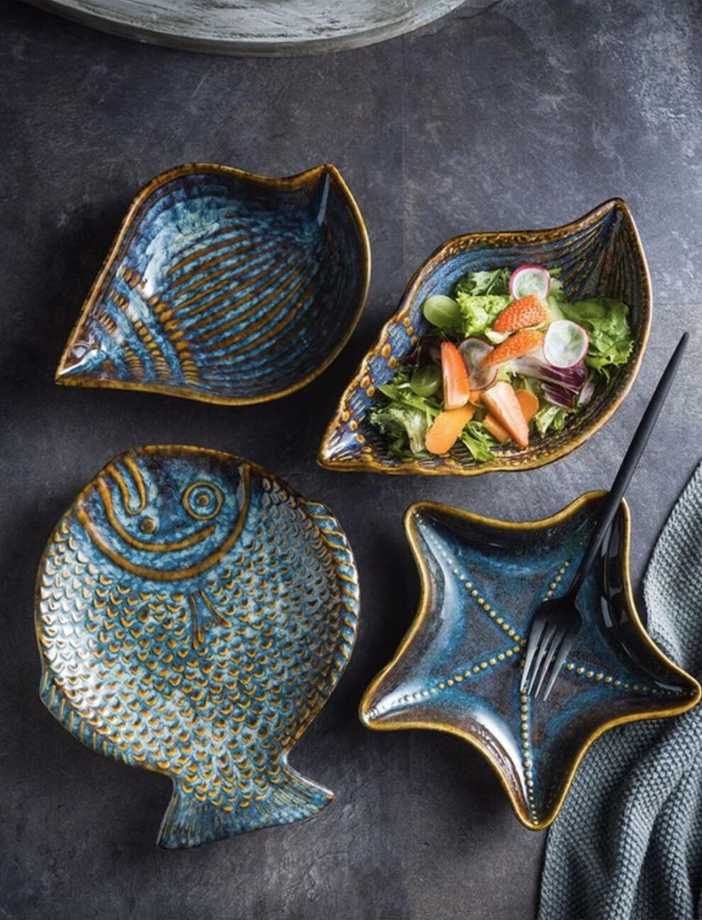 窑变异形盘子陶瓷浮雕个性家用菜盘盘子家用创意点心盘海星扇贝碟