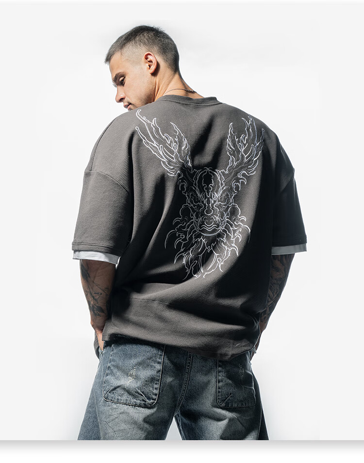 鹿家门新款健身男士潮流短袖运动休闲假两件鹿头棉宽松上衣t恤灰色m