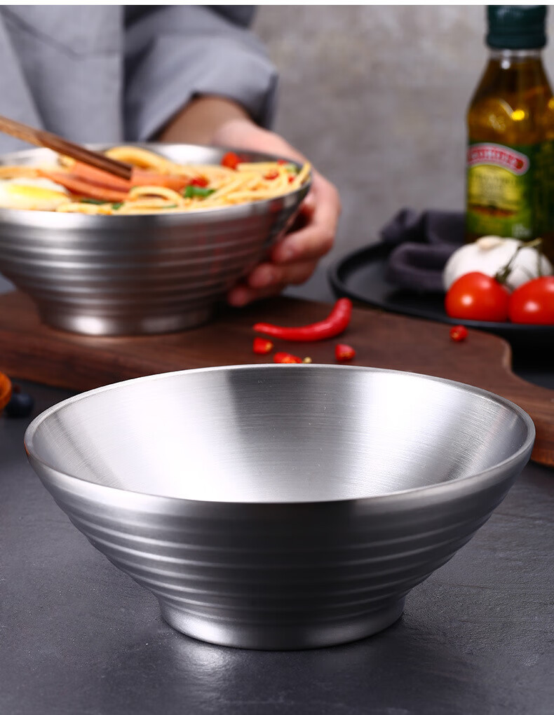 okgo加厚304不锈钢大面碗家用汤碗双层防烫大号日式拉面碗304材质砂光