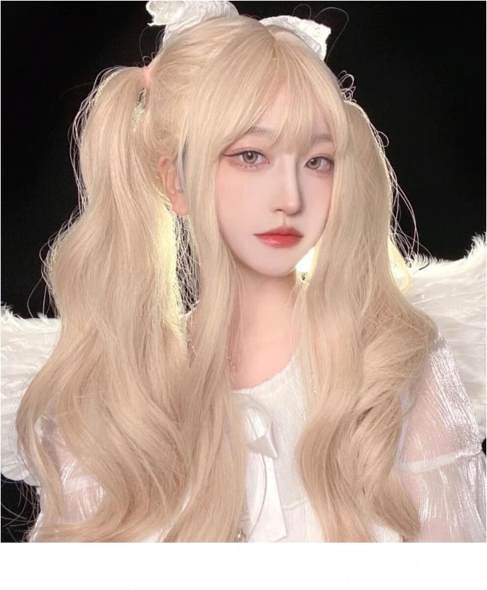 lolita假发女长发夏自然全头套式蓬松修脸大波浪白金色cos长卷发白色