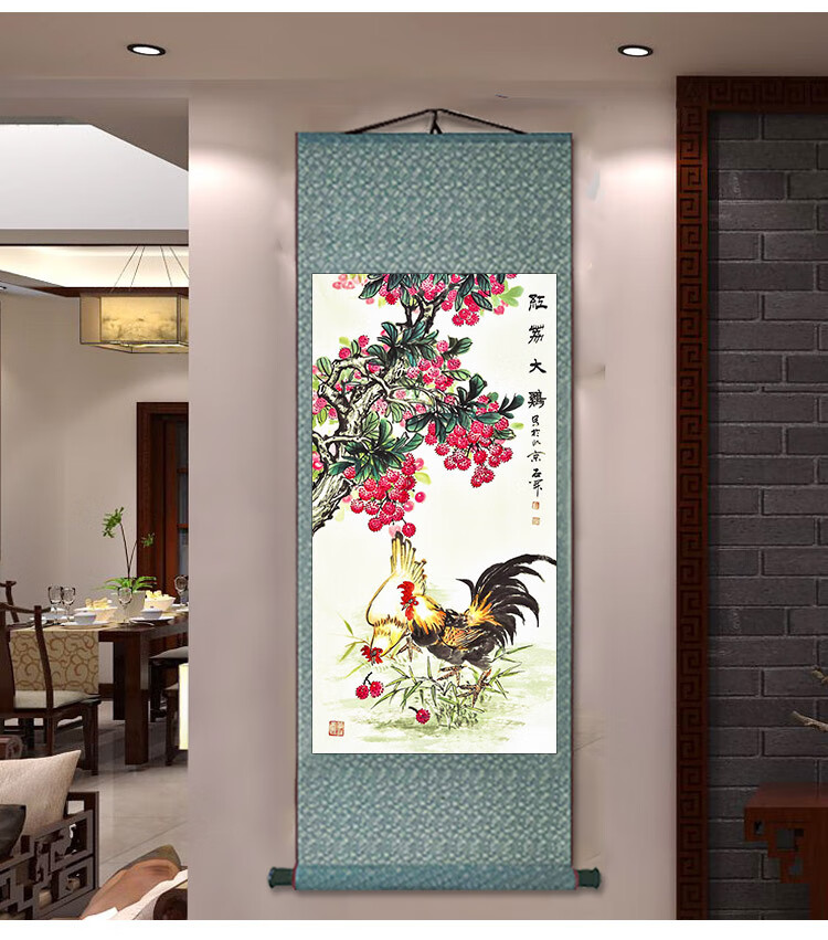 可狄新中式大公鸡画富贵如意吉祥大吉鸡图国画雄鸡图金鸡报晓卷轴丝绸