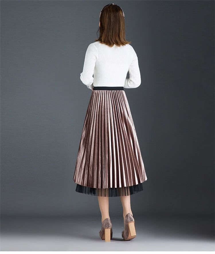 金丝绒网纱半身裙秋冬女两面穿裙中长款遮胯纱裙黑色m75115斤