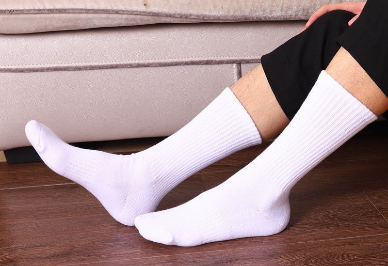 丽呤纯色男士黑白简约长白袜5双秋冬男士长筒毛圈加厚棉黑白潮流高筒