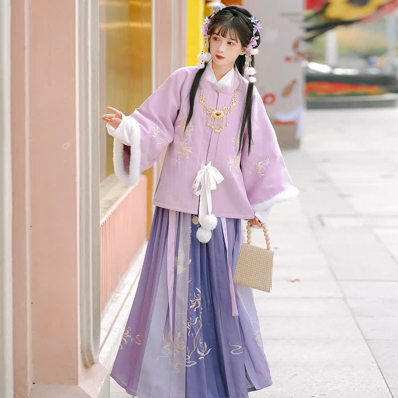汉服女成人冬季十里香原创彼岸花开明制对襟方领半袖披袄汉服女毛呢