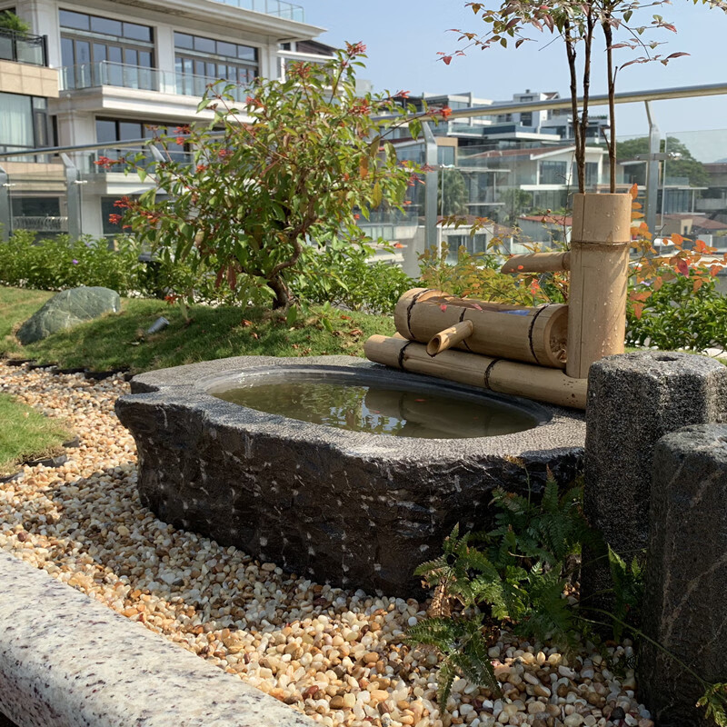 笼趣日式石钵庭院流水景观老石臼禅意摆件老石槽户外养鱼池青石缸石盆