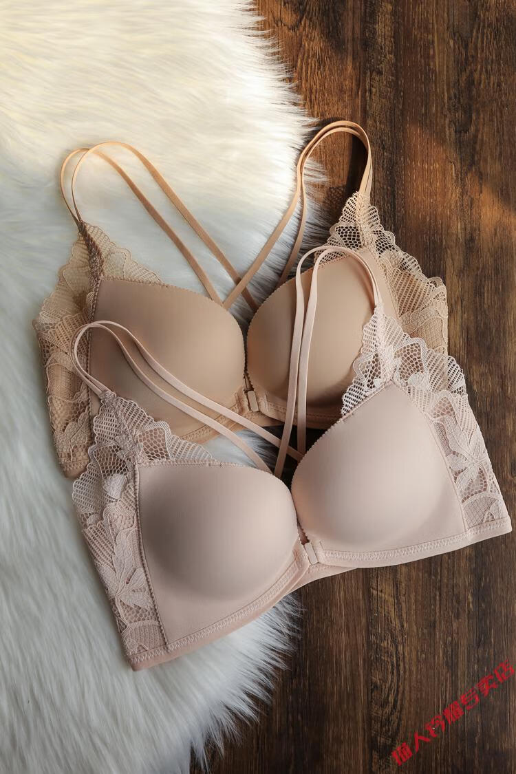 猫人时尚女人交叉美背双细肩带前扣文胸套装无钢圈内衣女小胸显大平胸