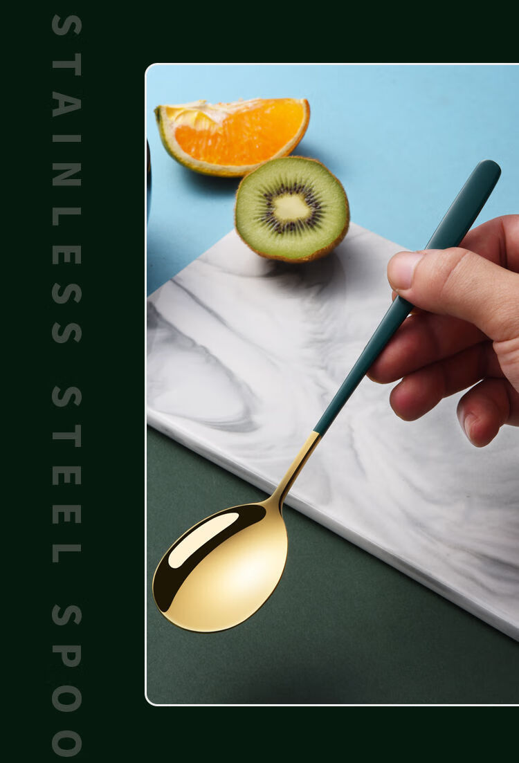 勺子加厚不锈钢家用长柄吃饭西瓜汤叉子学生餐具创意银木绿五支375