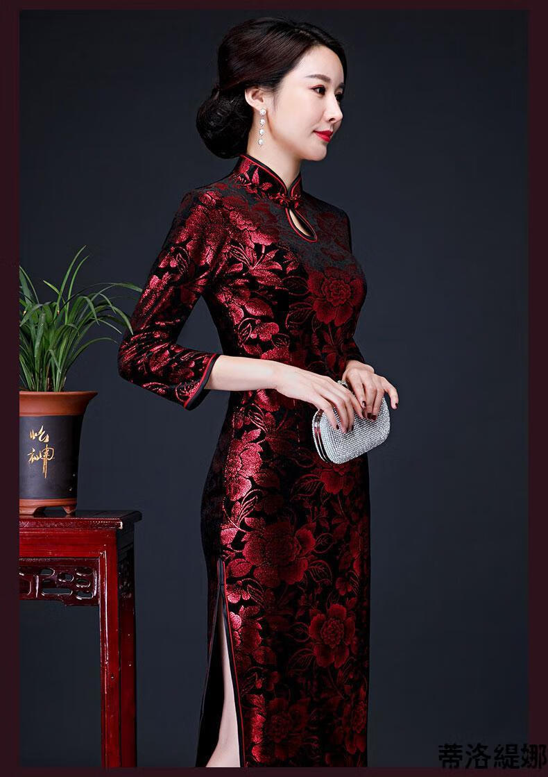 春秋金丝绒旗袍裙金丝绒旗袍高档旗袍金丝绒中老年大码妈妈冬装旗袍墨