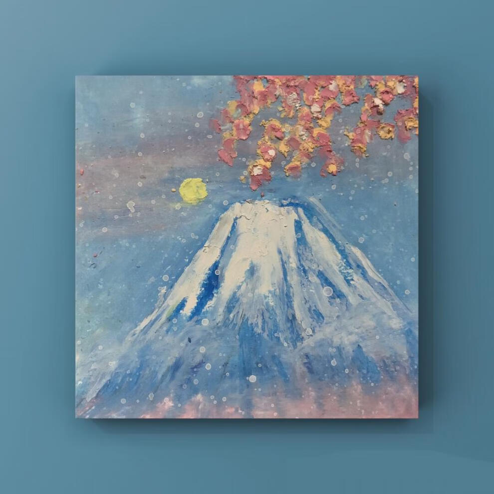 迷你小油画棒画手绘成品装饰画浪漫富士山ins小众文艺风景富士山的