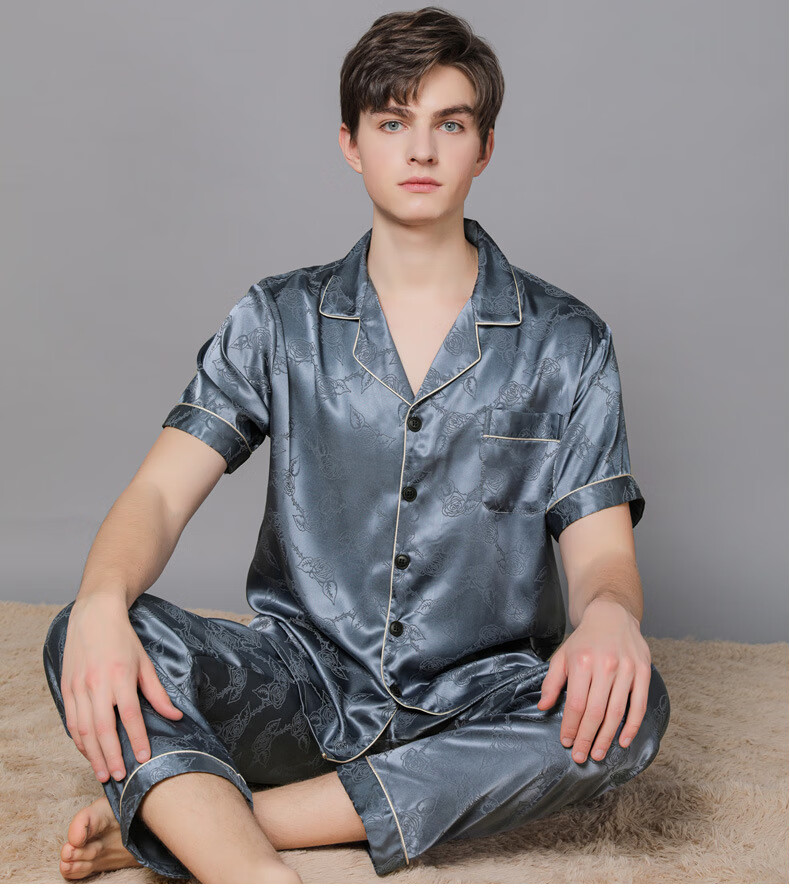 南极人男士真丝睡衣长袖丝绸秋季大码宽松春秋桑蚕丝爸爸家居服套装啡