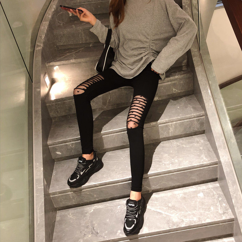 2021网红破洞渔网裤弹力修身九分裤外穿女高腰显瘦打底裤九分星星中码