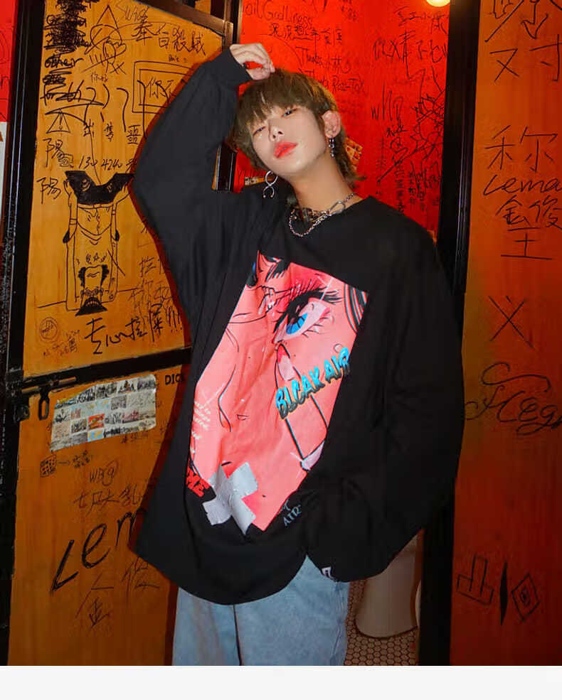 leman金俊长袖男宽松韩版潮流bf原宿风男生潮牌秋装t恤情侣上衣白色xs