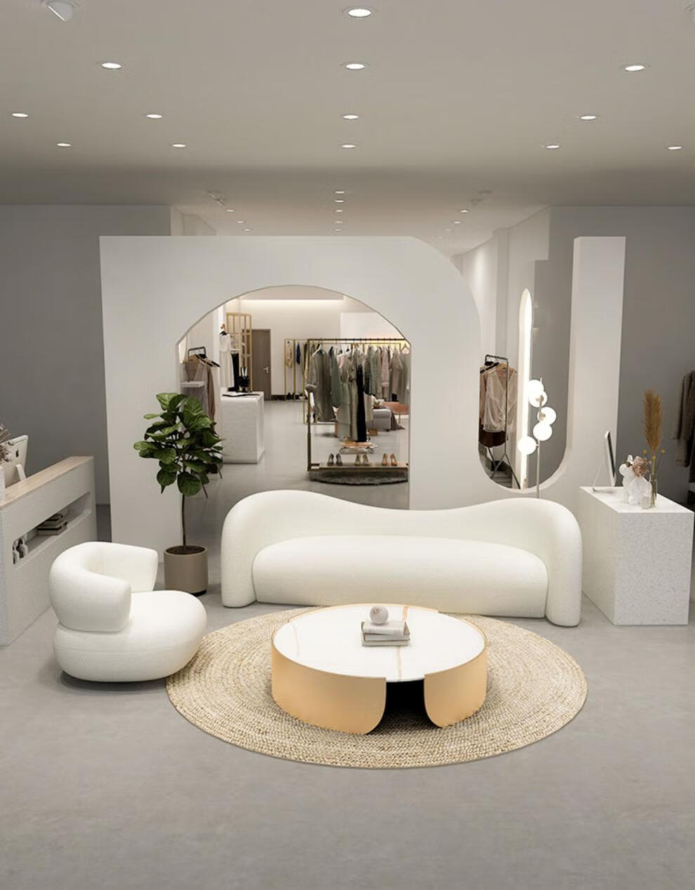 幕欧muou轻奢服装店羊羔绒科技布沙发异形美容院小户型客厅美发店铺用