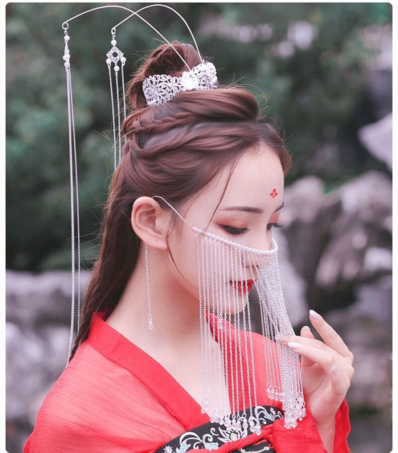 hnxc新品面纱古风汉服古装头饰漂亮古风流苏遮面帘新款