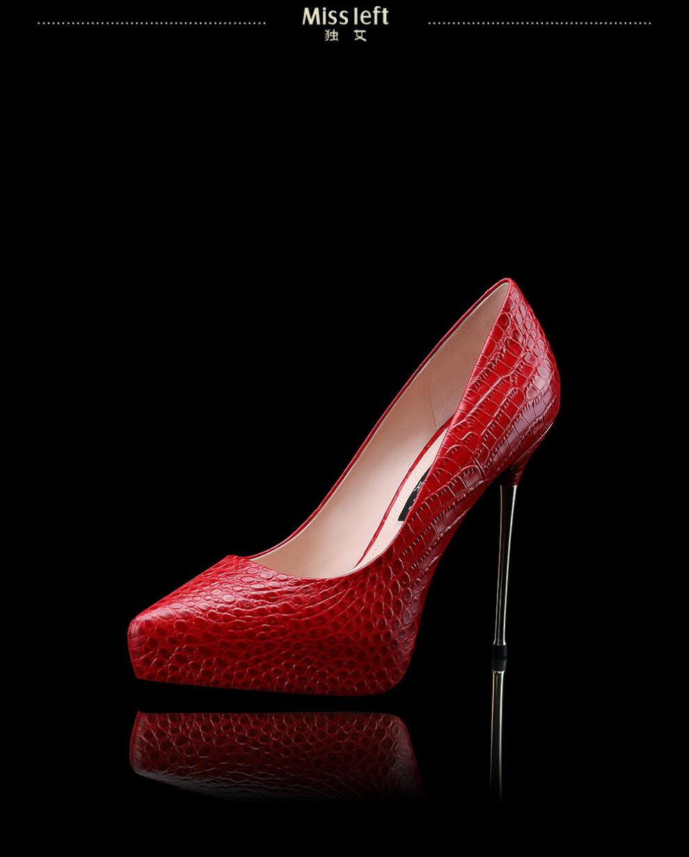 独女潮流新款红色胎牛皮鳄鱼纹内防水台12cm尖头金属跟高跟单鞋女细跟