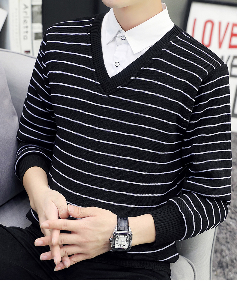 春秋季假两件毛衣男士潮流针织打底衫带领秋装上衣假领线衣shou8870