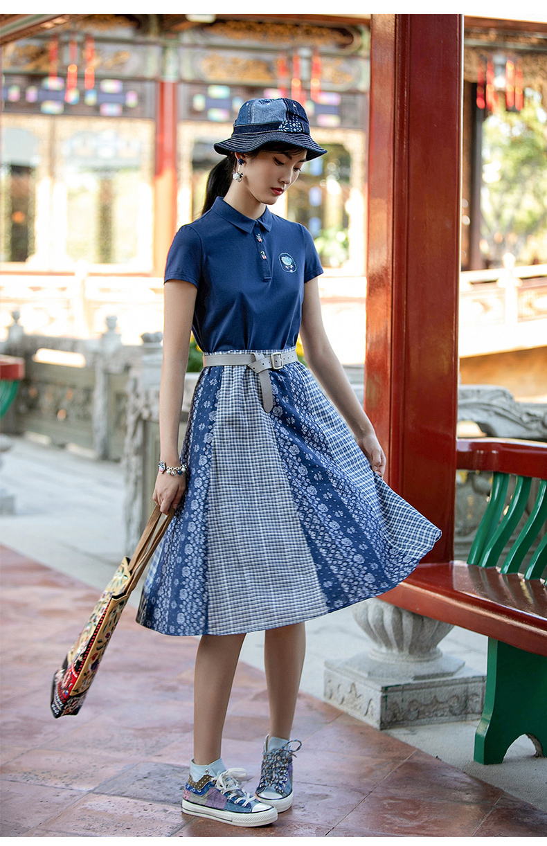 渔女装半身裙2022新款夏季纯棉薄款提花拼接格纹中长裙灰蓝16064as