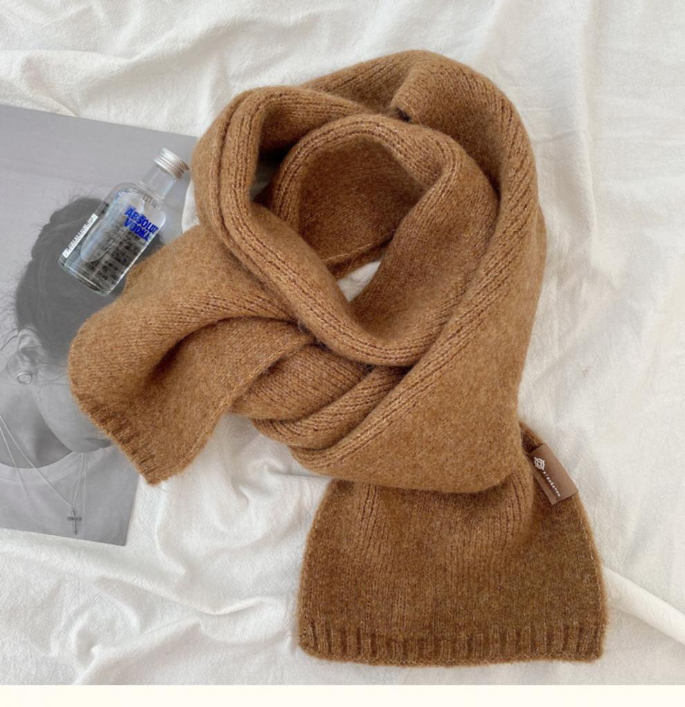 初高中女生小围巾韩版毛线针织羊毛女冬季咖啡色百搭情侣纯色短款围脖