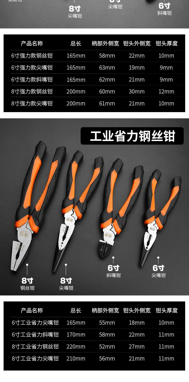 老虎钳子家用多功能不锈钢电工尖头小号工业钢丝钳克丝钳子工业尖嘴钳