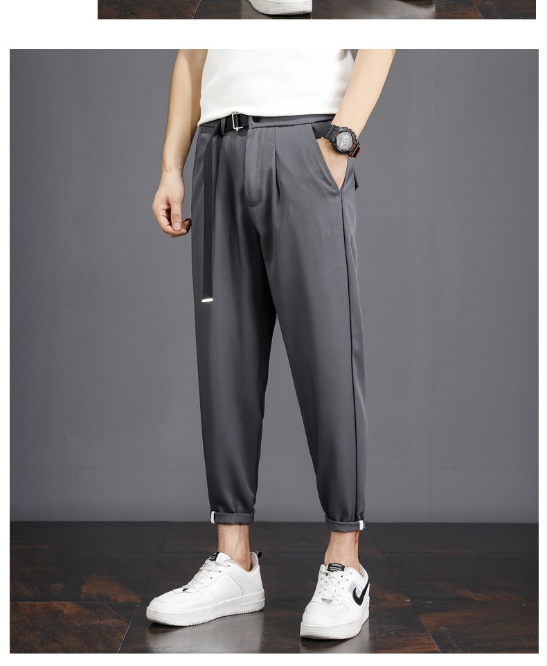 裤子男新款冰丝小男休闲有腰带的裤子百搭夏季男士休闲裤男裤薄款九分