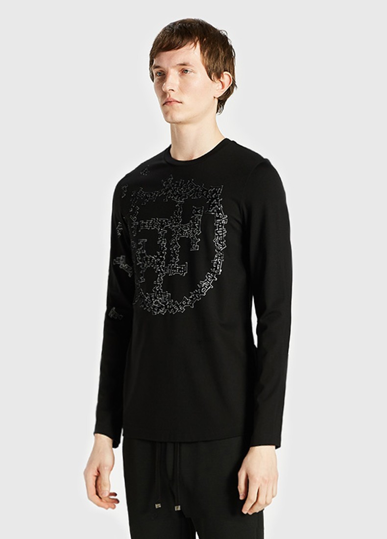 ferre费雷男装短绒字母圆领轻奢长袖t恤男宽松打底衫内搭白色46