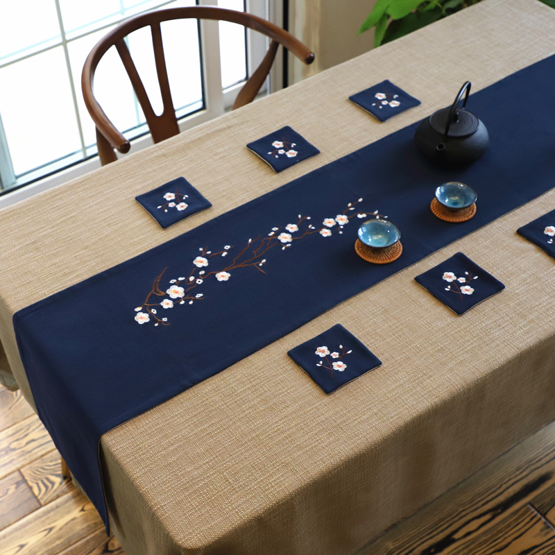 白萱刺绣梅花桌旗桌旗中式禅意布艺茶席茶几垫中国风日式棉麻布茶旗