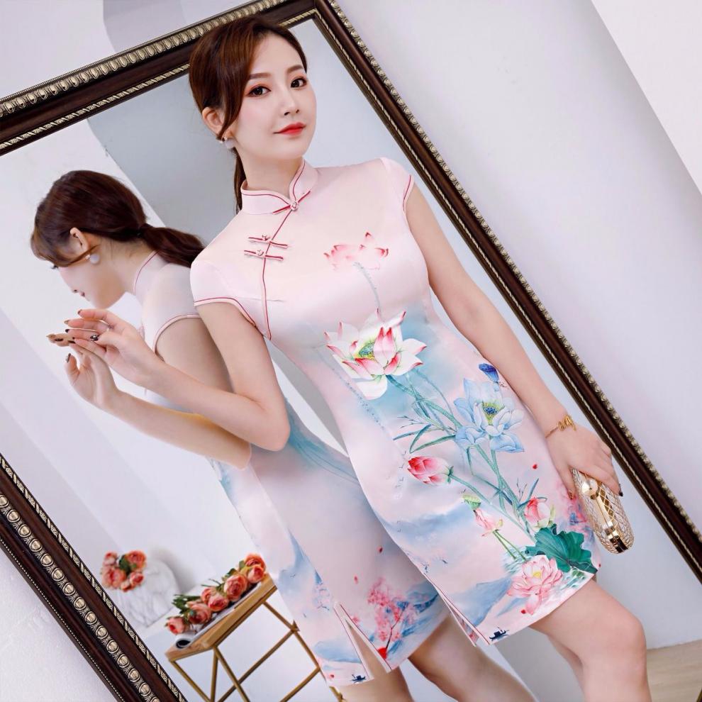 送考旗袍夏短款清凉透气丝绸少雅清新显瘦单层旗袍旗开得胜 红色 s